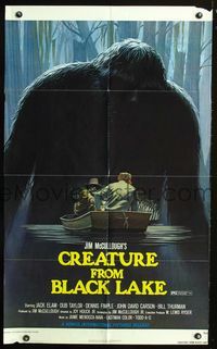 2r175 CREATURE FROM BLACK LAKE 1sh '76 cool art of monster looming over guys in boat by McQuarrie!