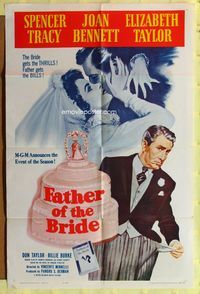 2r261 FATHER OF THE BRIDE one-sheet movie poster R62 Liz Taylor, Spencer Tracy gets the bills!