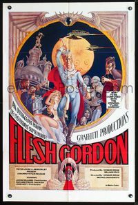2r272 FLESH GORDON one-sheet '74 sexy sci-fi spoof, wacky erotic super hero art by George Barr!