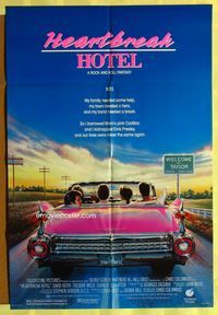 2r356 HEARTBREAK HOTEL one-sheet movie poster '88 great art of Elvis in the back of a pink Cadillac!