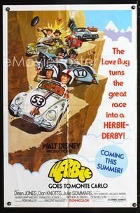 2r369 HERBIE GOES TO MONTE CARLO advance 1sh '77 Disney, wacky art of Volkswagen Beetle car racing!