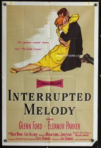 2r437 INTERRUPTED MELODY one-sheet movie poster '55 artwork of Glenn Ford embracing Eleanor Parker!