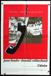2r485 KLUTE rare alternate style 1sh '71 Donald Sutherland & Jane Fonda, dangling telephone art!