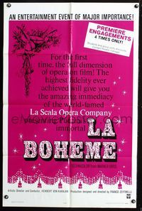 2r487 LA BOHEME one-sheet movie poster '65 Franco Zeffirelli, Puccini, Mirella Freni, opera!