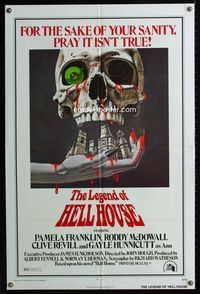 2r514 LEGEND OF HELL HOUSE 1sh '73 great skull & haunted house dripping with blood artwork by B.T.!