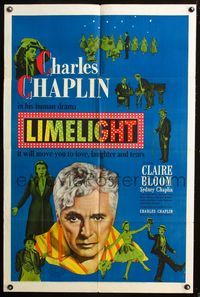 2r531 LIMELIGHT one-sheet movie poster '52 aging Charlie Chaplin & pretty young Claire Bloom!