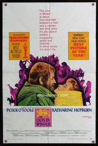 2r533 LION IN WINTER one-sheet movie poster '68 Katharine Hepburn, Peter O'Toole in embrace!