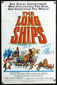 2r552 LONG SHIPS one-sheet '64 Richard Widmark, Sidney Poitier, cool art of the Mighty Vikings!