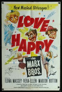 2r565 LOVE HAPPY one-sheet movie poster '49 Marx Brothers and sexy girls in musical Girlesque!