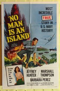 2r638 NO MAN IS AN ISLAND one-sheet '62 U.S. Navy sailor Jeffrey Hunter fought on Guam by himself!