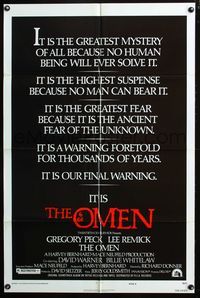2r646 OMEN style E one-sheet '76 Gregory Peck, Lee Remick, Satanic horror, it is our final warning!