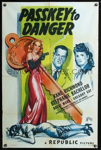 2r660 PASSKEY TO DANGER 1sheet '46 cool sexy bad girl with gun image with giant key in background!