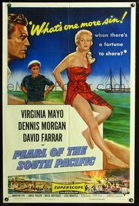 2r663 PEARL OF THE SOUTH PACIFIC one-sheet '55 art of sexy Virginia Mayo in sarong & Dennis Morgan!