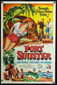 2r688 PORT SINISTER 1sheet '53 great art of man shooting at giant mutant crab attacking bound girl!