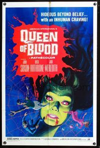 2r697 QUEEN OF BLOOD one-sheet '66 Basil Rathbone, cool art of female monster & victims in her web!