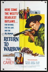 2r722 RETURN TO WARBOW one-sheet movie poster '58 cowboy Phil Carey vs the West's deadliest outlaws!