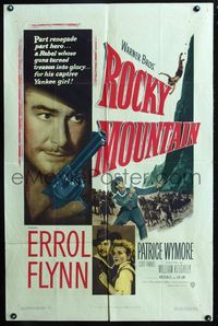 2r741 ROCKY MOUNTAIN one-sheet '50 great close up of part renegade part hero Errol Flynn with gun!
