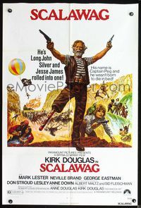 2r763 SCALAWAG one-sheet '73 great artwork of Kirk Douglas as Captain Peg, Mark Lester, pirates!