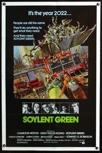2r818 SOYLENT GREEN one-sheet poster '73 artwork of Charlton Heston trying to escape by John Solie!