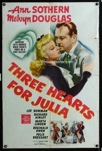 2r885 THREE HEARTS FOR JULIA one-sheet poster '43 Ann Sothern, Melvyn Douglas, someone gets burned!