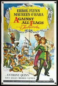 2s009 AGAINST ALL FLAGS 1sheet '52 cool Brown artwork of pirate Errol Flynn w/ swashbuckling O'Hara!