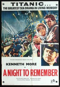 2s327 NIGHT TO REMEMBER English one-sheet '58 English Titanic biography, cool art of fleeing crowd