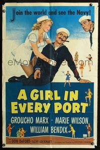 2s114 GIRL IN EVERY PORT one-sheet '52 artwork of wacky sailor Groucho Marx & sexy Marie Wilson!