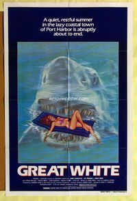 2s137 GREAT WHITE style A 1sh '82 great artwork of huge shark attacking sexy girl in bikini on raft!