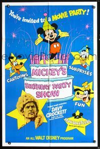 2s282 MICKEY'S BIRTHDAY PARTY SHOW one-sheet '78 Davy Crockett, great image of Disney cartoon stars