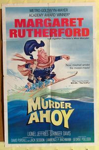 2s301 MURDER AHOY one-sheet poster '64 funny art of Margaret Rutherford water skiing one-handed!