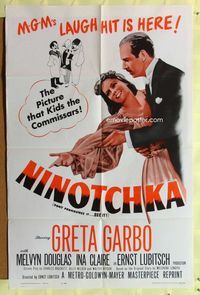 2s331 NINOTCHKA one-sheet R62 Greta Garbo smiles with Melvyn Douglas, directed by Ernst Lubitsch!