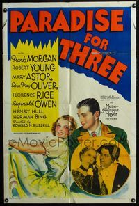 2s369 PARADISE FOR THREE style D 1sh '38 cool stone litho art of Robert Young & pretty Mary Astor!