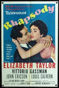2s410 RHAPSODY one-sheet '54 great romantic image of Vittorio Gassman kissing Elizabeth Taylor!
