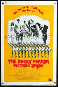 2s414 ROCKY HORROR PICTURE SHOW style B 1sh '75 great image of cast & Tim Curry with his sexy legs!