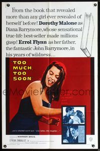 2s492 TOO MUCH, TOO SOON one-sheet poster '58 Errol Flynn, sexy Dorothy Malone as Diana Barrymore!