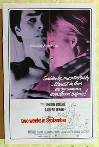 2s510 TWO WEEKS IN SEPTEMBER one-sheet movie poster '67 A Coeur Joie, sexy Brigitte Bardot!