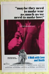2s522 WALK WITH LOVE & DEATH one-sheet poster '69 John Huston, Anjelica Huston romantic close up!