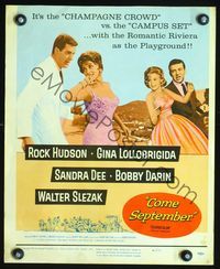 2t079 COME SEPTEMBER window card '61 Sandra Dee, sexy Gina Lollobrigida, Rock Hudson, Bobby Darin