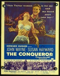 2t080 CONQUEROR window card movie poster '56 tough John Wayne grabs half-dressed sexy Susan Hayward!
