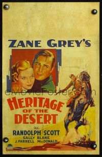 2t165 HERITAGE OF THE DESERT WC '32 cool art of Randolph Scott & Sally Blane, written by Zane Grey!