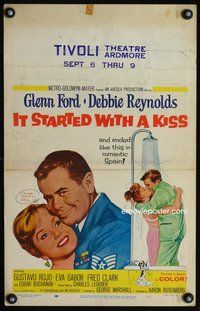 2t201 IT STARTED WITH A KISS WC '59 Glenn Ford & Debbie Reynolds kissing in shower in Spain!