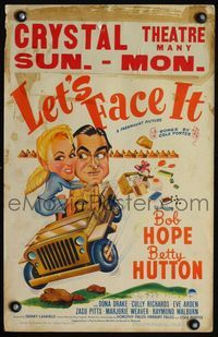 2t230 LET'S FACE IT WC '43 cool art of Bob Hope & Betty Hutton in jeep, songs by Cole Porter!