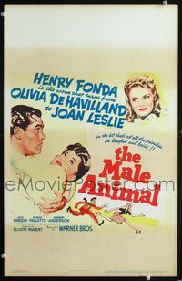 2t258 MALE ANIMAL window card '42 art of Henry Fonda with pretty Olivia de Havilland & Joan Leslie!