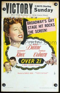 2t303 OVER 21 window card '45 Irene Dunne, Charles Coburn, Alexander Knox, Broadway's gay stage hit!