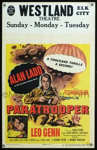 2t309 PARATROOPER window card poster '53 Alan Ladd, English Red Beret, a thousand thrills a second!