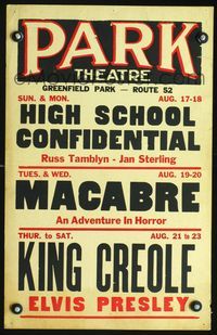 2t313 PARK THEATRE AUGUST 17-23 local theater WC '58 King Creole w/Elvis, High School Confidential