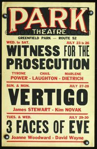 2t316 PARK THEATRE JULY 23-30 local theater WC '58 Witness for Prosecution, Vertigo, 3 Faces of Eve