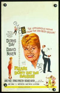2t330 PLEASE DON'T EAT THE DAISIES WC '60 artwork of pretty smiling Doris Day, David Niven w/dog!