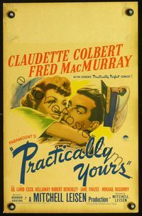 2t338 PRACTICALLY YOURS WC '44 art of Claudette Colbert hugging Air Force pilot Fred MacMurray!