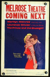 2t341 PRINCE & THE SHOWGIRL window card '57 Laurence Olivier nuzzles super sexy Marilyn Monroe!